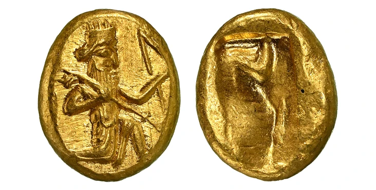 1087903 GREEK. ACHAEMENID EMPIRE. Darius I to Xerxes II. (King, 420-375 BC). Struck 5th Century, circa 485-420 BC. AV Daric. NGC Ch. MS (Choice Mint State) Strike 5/5 Surface 5/5.  Sardes. 16mm. 8.33gm. Persian king or hero, wearing kidaris and ka...