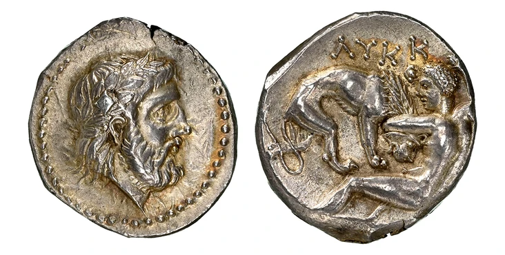 1087901 GREEK. PAEONIAN KINGDOM. Lycceius. Struck circa 359/6-335 BC. AR Tetradrachm. NGC Ch. AU (Choice About Uncirculated) Strike 4/5 Surface 5/5.  23mm. 12.69gm. Laureate head of Zeus, right / ΛΥΚΚ - [ΕΙΟΥ]. Heracles crouching to left fighting ...