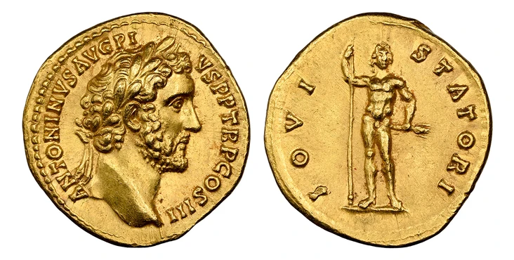 1087876 ROMAN IMPERIAL.  Antoninus Pius. (Emperor, 138-161 AD). Struck 140-143 AD. AV Aureus. NGC Ch. AU (Choice About Uncirculated) Strike 5/5 Surface 4/5.  Rome. 19.5mm. 6.92gm. ANTONINVS AVG PI-VS P P TR P COS III. Laureate head of Antoninus Pi...