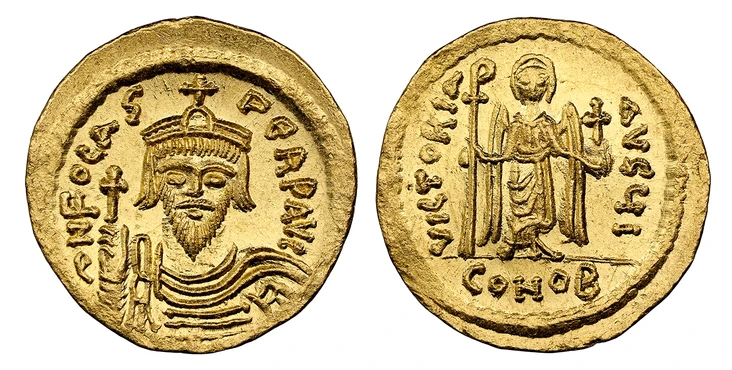 1087183 BYZANTINE.  Phocas. (Emperor, 602-610 AD). Struck 607-610 AD. AV Solidus. NGC Ch. MS (Choice Mint State) Strike 5/5 Surface 5/5.  Constantinople, 5th Officina. 4.48gm. dN FOCAS – PERP AVG. Draped and cuirassed bust facing, wearing crown su...