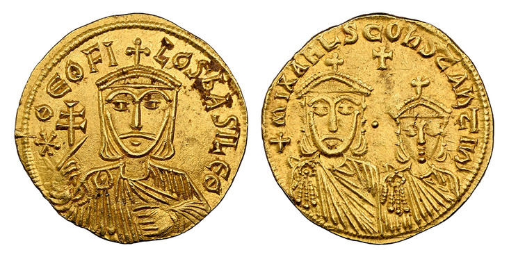 1087869 BYZANTINE.  Theophilus, with Michael II and Constantine. (Emperor, 829-842 AD). Struck 831-840 AD. AV Solidus. NGC MS (Mint State) Strike 5/5 Surface 4/5.  Constantinople. 19.5mm. 4.43gm. ∗ ΘЄOFI-LOS bASILЄ Θ. Crowned bust of Theophilus fa...