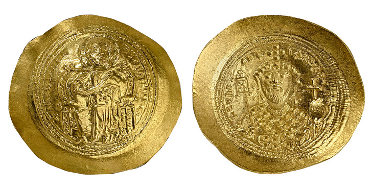 1085380 BYZANTINE.  Constantine IX. (Emperor, 1042-1055 AD). Struck 1042-1055 AD. AV Histamenon Nomisma. NGC MS (Mint State) Strike 5/5 Surface 4/5.  Constantinople. 28mm. 4.40gm. + IhS XIS REX - REGNANTIn m. Christ Pantokrator seated facing on th...