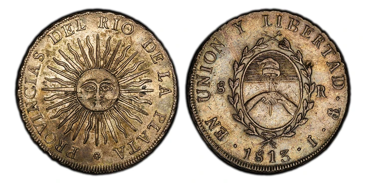 1087206 ARGENTINA. 1813-PTS J AR 8 Reales. PCGS AU50.  Potosi, Bolivia. 26.96gm. Radiant sun with face, flame tips end clockwise / Arms within wreath, wreath crossed at top. KM 5.

Popular sunface type.

Please use this link to verify the PCGS cer...