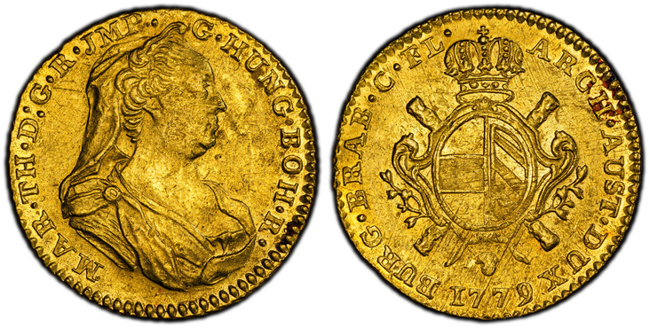 1087195 AUSTRIAN NETHERLANDS. Maria Theresa. 1779-(b) AV 2 Souverains d'Or. PCGS AU53.  Brussels. 11.05gm. MAR · TH · D: G · R · IMP · G · HUNG · BOH · R ·. Veiled mature bust right / ARCH · AUST · DUX · BURG · BRAB · C · FL ·. Crowned ornate arms...