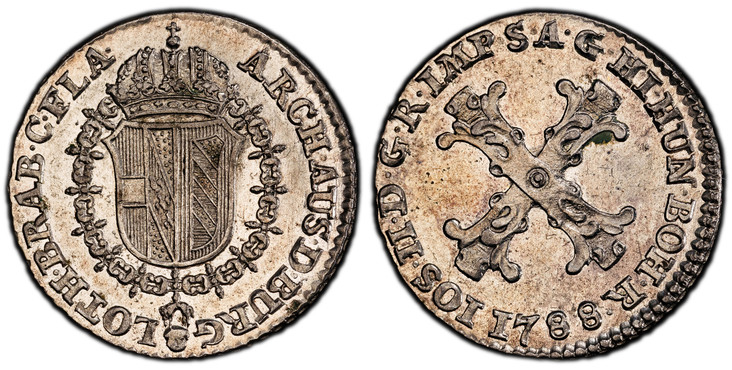 1087199 AUSTRIAN NETHERLANDS. Joseph II. 1788-(h) Billon 10 Liards, 10 Oorden. PCGS MS63.  Brussels. 2.38gm. Burgundian cross, titles of Joseph II / Crowned arms in order collar. KM 36; Witte 1152; VH 855.

Please use this link to verify the PCGS ...
