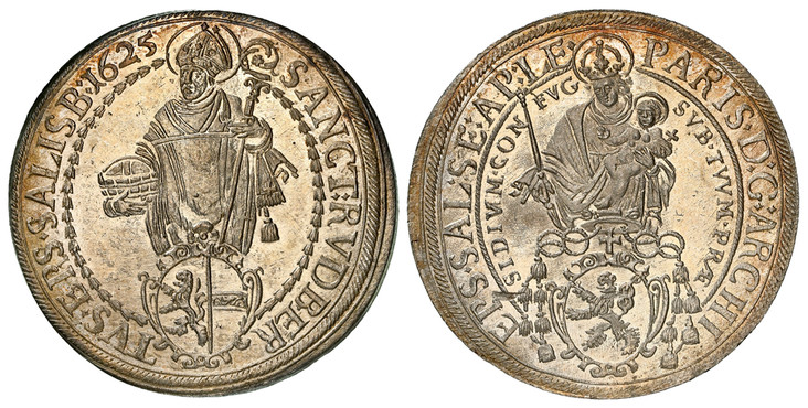 1087995 AUSTRIAN STATES. Salzburg. Paris von Lodron. (Prince-Archbishop, 1619-1653). 1625 AR Thaler. NGC MS64.  Madonna above shield of arms / St. Rupert standing facing. KM 87; Dav.-3504.

Please use this link to verify the NGC certification numb...