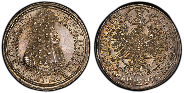 1087639 AUSTRIA. Leopold I. (Holy Roman Emperor, 1658-1705). (1686-96) ND AR 2 Thaler. PCGS MS62.  Hall. 47mm. 57.45gm.  Laureate and armored bust right; all within wreath / Crowned eagle facing with wings spread, head left; all within wreath. KM ...
