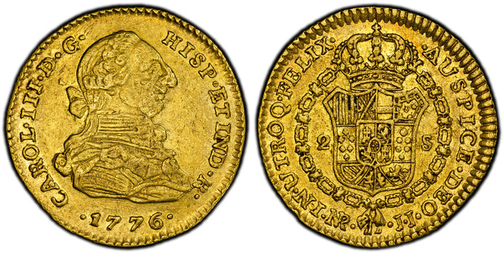 1086904 COLOMBIA. Charles III. 1776-NR JJ AV 2 Escudos. PCGS XF45.  Santa Fe de Nuevo Reino. 6.69gm. CAROL · III · D · G · HISP · ET IND · R ·. Normal bust right / IN · UTROQ · FELIX · AUSPICE · DEO ·. Arms, Order chain. KM 49.1; Calico 1693; Rest...
