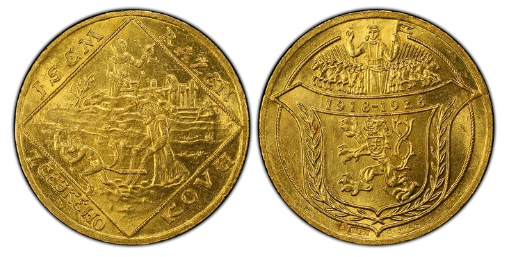 1078457 CZECHOSLOVAKIA. First Republic. (1918-1938). -1928 AV 4 Dukaten. PCGS MS64.  By Otakar Spaniel. Kremnitz. Edge: Reeded. Shield of arms with anniversary dates; stamped below [K] [9861/9]; signed O. Spaniel at lower right / A haloed Saint dr...
