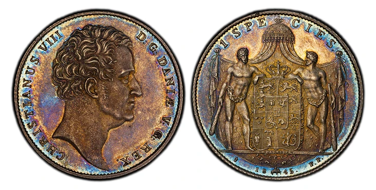 1087395 DENMARK. Christian VIII. 1845-(h) FF AR Speciedaler. PCGS MS63.  Altona. 28.95gm. Christianus VIII D:G: Daniæ V:G:Rex. Head right / Crowned and mantled arms with supporters. H:Conradsen (engraver's name) on bar. Mintmark left of date (1844...