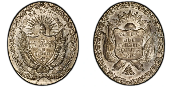 1087216 ECUADOR. (1822) AR Medal. PCGS MS64.  Potosi, Bolivia. 29mm x 25mm. 10.94gm. EL PERU/ A/ LOS LIBER/TADORES/ DE/ QUITO./ EN PI-CHINCHA. Inscription within a shield surmounted by a Liberty Cap, resting upon two cornucopia and flags, beneath ...