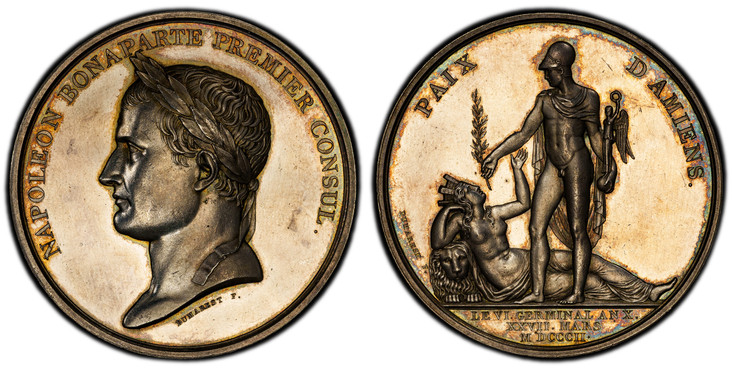1087502 FRANCE. Napoléon Bonaparte. 1802 (An X) AR Medal. PCGS SP62.  By R. Dumarest. 49.5mm. 68.45gm. NAPOLEON BONAPARTE PREMIER CONSUL. Laureate head, left; signed below truncation / : LE VI. GERMINAL AN X. / XXVII. MARS / MDCCCII. Napoleon as M...