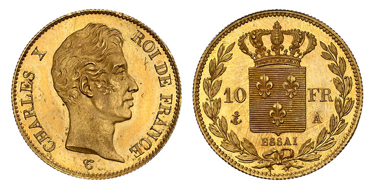 1087508 FRANCE. Charles X. (King, 1824-1830). 1830 AV Essai 10 France. NGC MS65.  By Tiolier. 19mm. CHARLES X - ROI DE FRANCE. Bust, right; signed in cursive / Crowned shield of arms divides denomination within wreath; ESSAI below. Mazard 889; VG-...