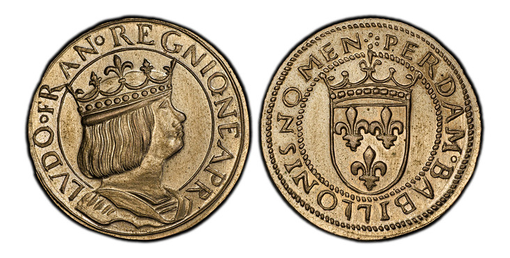 1087516 FRANCE. Louis XII. (King, 1498-1515). (c.1880) ND Cu-Ni Fantasy Ducat. PCGS SP64.  25mm. 5.39gm. LVDO FR AN REGNI Q NEAPR. Crowned bust, right / PERDAM BABILLONIS NOMEN. Crowned shield. Mazard 2226 variant; MdP-A5; cf. Fr.826 (Naples ducat...