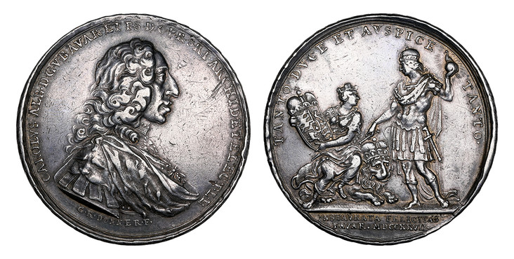 1088215 GERMAN STATES. Bavaria. Karl Albrecht. 1727 AR Medallic 2 Thaler. NGC XF40.  By Georg Raphael Donner. 58.08gm. Draped armored bust, right wearing chain of the Order of the Golden Fleece, signed below / Allegorical figure of Bavaria seated ...