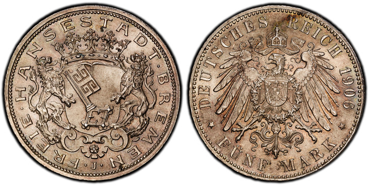 1087819 GERMAN STATES. Bremen. 1906-J AR 5 Mark. PCGS MS66.  Hamburg Mint. Edge: GOTT MIT UNS. Key on crowned shield with supporters / Crowned imperial eagle, shield on breast, date at right, denomination below. KM 251; Jaeger 60; Dav.-630.

Pleas...