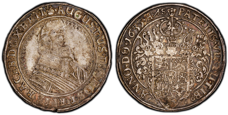 1087553 GERMAN STATES. Brunswick-Luneburg-Celle. August I. 1635 HS (Henning Schlüter, mintmaster) AR Thaler. PCGS AU50.  Zellerfeld. 29.07gm. Bust of August right in inner circle / Helmeted arms. KM 115; Dav.-5732; Welter 882.

Regular Coinage. Pr...