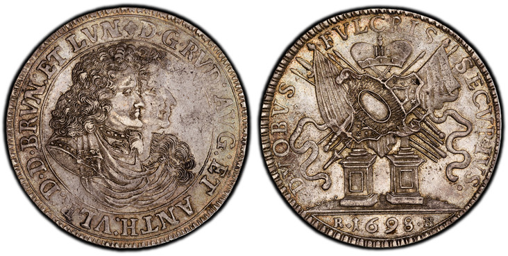 1087802 GERMAN STATES. Brunswick-Wolfenbuttel. Rudolf August and Anton Ulrich. (1685-1704). 1698 RB AR Thaler. PCGS AU53.  29.14gm. Bust of 2 dukes right within inner circle / Crown above crossed shields and flags on two altars; date in exergue. K...