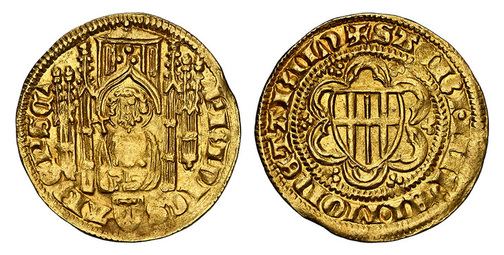 1087700 GERMAN STATES. Cologne. Friedrich III von Saarwerden. (1371-1414) ND AV Goldgulden. NGC MS63.  Riel. 3.51gm. Half-length bust of St. Peter holding a staff with a cross under a Gothic arch; shield of arms of Saarwerden below / Arms of Saarw...