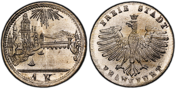 1087422 GERMAN STATES. Frankfurt Am Main. -1839 AR Kreuzer. PCGS MS67.  0.8gm. FREIE STADT FRANKFURT. Eagle with wide spread wings / City scene with denomination below. KM 317.

Please use this link to verify the PCGS certification number <a href=...