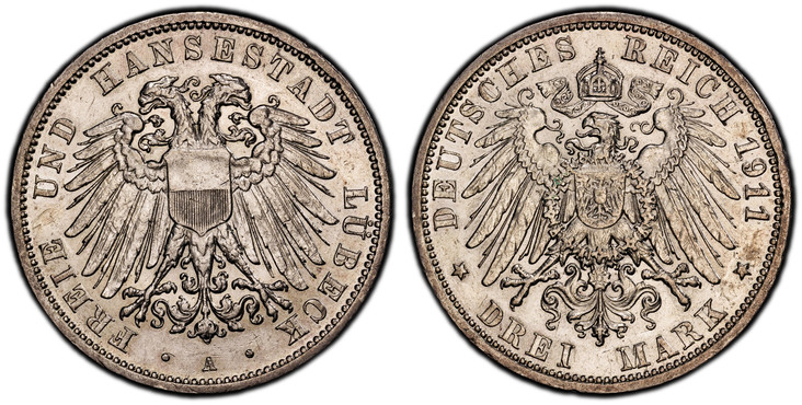 1086909 GERMAN STATES. Lubeck. 1911-A AR 3 Mark. PCGS AU58.  Berlin. Edge: GOTT MIT UNS. Double imperial eagle with divided shield on breast / Crowned imperial eagle, shield on breast. KM 215; Jaeger 82; Dav.-477.

Please use this link to verify t...