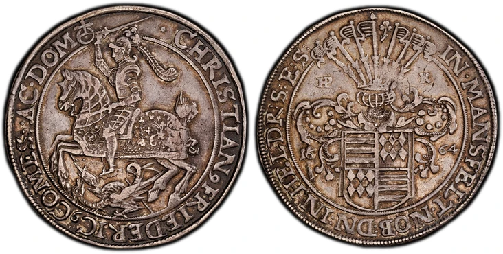 1087807 GERMAN STATES. Mansfeld-Eigentliche-Hinterort. 1664 HPK AR Thaler. PCGS XF45.  Eisleben. 29.02gm. St. George slaying dragon to left / Helmeted arms divide date and mintmaster's initials. KM 222; Dav.-7021; Tornau 1424e.
Housed in an oversi...