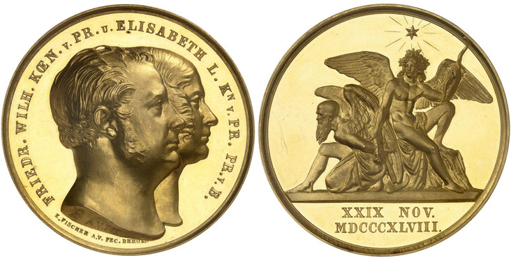 1088017 GERMAN STATES. Prussia. Friedrich Wilhelm IV. (King, 1840-1861). 1848-Dated AV Medal of 30 Ducats weight. NGC MS65DPL (Deep Prooflike).  By K. Fischer. 50.4mm. 104.54gm. Conjugate busts of the royal couple, right / A Genius with a bow, sea...