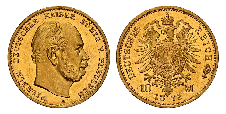 1084420 GERMAN STATES. Prussia. Wilhelm I. (Emperor, 1871-1888). 1872-A AV 10 Mark. NGC MS67.  Berlin. WILHELM DEUTSCHER KAISER KONIG V. PREUSSEN. Head right / DEUTSCHES REICH. Crowned imperial eagle. KM 502; Jaeger 242.

Please use this link to v...