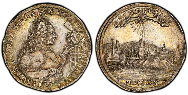 1087562 GERMAN STATES. Saxe-Coburg-Saalfeld. John Ernest VIII. (Duke, 1675-1729). MDCCXX (1720) Johann Michael Edler (Mintmaster) AR Thaler. PCGS AU58.  By Johann Heinrich Wahl. Saalfeld. 29.19gm. D. G. IOHAN - NES. ERNES - TVS. VIII. DVX - SAXONI...