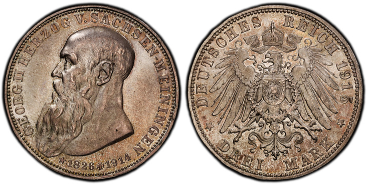 1087820 GERMAN STATES. Saxe-Meiningen. Bernhard III. 1915 AR 3 Mark. PCGS MS66.  Edge: GOTT MIT UNS. Head left, long beard / Crowned imperial eagle with shield on breast. KM 207; Jaeger 155.

Death of Georg II.

Please use this link to verify the ...