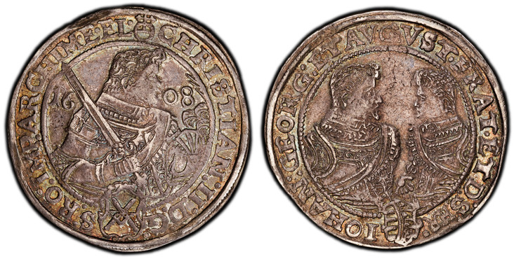 1087811 GERMAN STATES. Saxony-Albertine. Christian II, Johann Georg I and August. 1608 HR AR Thaler. PCGS AU55.  Dresden. 28.93gm. Bust right with sword and helmet divide date / Busts facing one another. KM 24; Dav.-7566; Schnee 767; Keilitz/Kahnt...