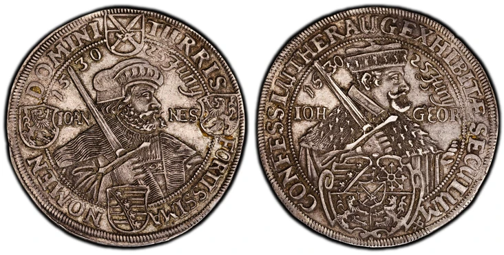 1087813 GERMAN STATES. Saxony-Albertine. Johann Georg I. (1615-1656). 1630 AR Thaler. PCGS AU55.  Dresden. 29.04gm. Without helmets above 4-fold arms, central shield of crossed swords. KM 410; Dav.-7605A; Clauss & Kahnt 323; Schnee 860; Opitz 2083...