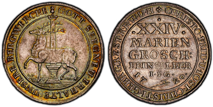 1087818 GERMAN STATES. Stolberg-Stolberg. Christof Friedrich and Jost Christian. 1720 IIG AR 24 Mariengroschen, 2/3 Thaler. PCGS AU58.  13.10gm. CHRISTO. FRID. U. IOST. CHRISTI. GEB(R). G(R). ZU. ST. K. R. W. U. H(ON).. XXIV/MARIEN/GROSCH/FEIN SIL...