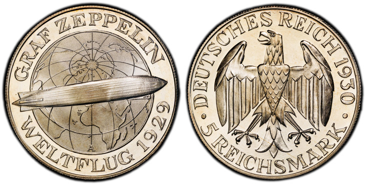 1087708 GERMANY, WEIMAR REPUBLIC. 1930-A AR 5 Reichsmark. PCGS PR66+ Cameo.  Berlin. Eagle, denomination below / Zeppelin across globe, date below. KM 68; Jaeger 343.

Graf Zeppelin flight.

Please use this link to verify the PCGS certification nu...