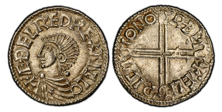 1087187 GREAT BRITAIN. England. Aethelred II. (Kings of All England, 978-1016). (978-1016) Aelfric AR Penny. PCGS MS62.  Norwich mint. 1.79gm. +AEDELRAED REX ANGLO. Draped and cuirassed bust left / + ΛELF-RIC M-O NO-RDPI. Voided long cross with th...
