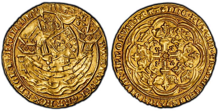 1087641 GREAT BRITAIN. England. Edward III. (King, 1327-1377). (1356-61)-(Cross 3) AV Noble. PCGS MS62.  Tower (London). 33mm. 7.68gm. · Є DWΛRD · DЄI · GRΛ · RЄX · AIIGL · 7 · FRΛIIC · D hУ B (annulet stops). Crowned king with sword and shield st...