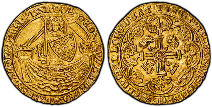 1087568 GREAT BRITAIN. England. Edward III. (King, 1327-77). (1361-69)-(Cross Potent) AV Noble. PCGS MS62.  Tower (London) mint. 7.67gm. (annulet) ЄDWΛRD: DЄI: GRΛ: RЄX: ΛnGL': DnS: hyB' x Z (retrograde) x ΛQT' (double saltire stops). King standin...