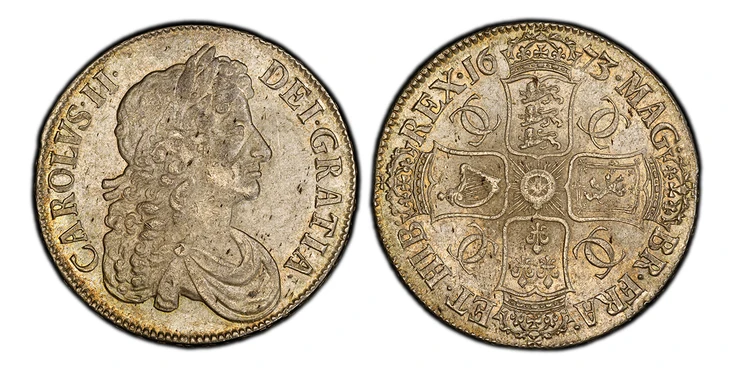 1087790 GREAT BRITAIN. England. Charles II. (King, 1660-1685). 1673 AR Crown. PCGS AU58.  Edge: VICESIMO QVINTO. 29.96gm. CAROLVS·II· DEI·GRATIA. Third bust (larger and wider) of Charles II right / MAG· BR·FRA· ET·HIB REX·16 – 72·. Crowned crucifo...