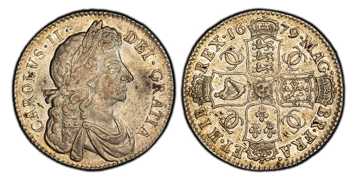 1087646 GREAT BRITAIN. England. Charles II. (King, 1660-1685). 1679 AR Halfcrown. PCGS AU50.  Edge: RY T. PRIMO. Fourth bust of Charles II / Cruciform of crowned shields of arms; interlocking CC in each angle. KM 438.1; SCBC-3367; ESC-480 (Prev. E...