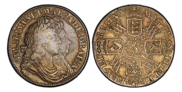 1087647 GREAT BRITAIN. England. William and Mary. (Monarchs, 1689-1694). 1691 AR Crown. PCGS VF35.  Edge: TERTIO. I/E in legend. Conjoined busts of William and Mary right / Cruciform of crowned shields of arms; interlocking WM in each angle. KM 47...