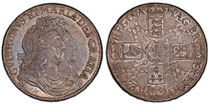 1087909 GREAT BRITAIN. England. William and Mary. (Monarchs, 1689-1694). 1692 AR Crown. PCGS MS62.  Edge: QVARTO. Conjoined busts of William and Mary right / Crowned cruciform shields, interlocking WM in angles, lion of Nassau in center. KM 478; S...