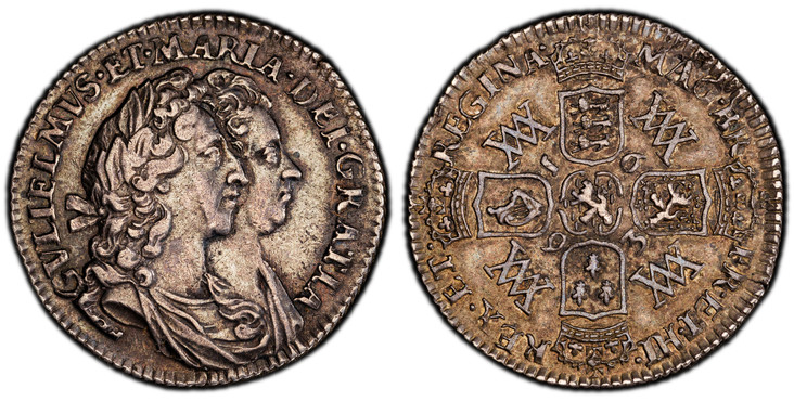 1087569 GREAT BRITAIN. England. William and Mary. 1693 AR Sixpence. PCGS XF45.  3.00gm. Conjoined bust of William and Mary right / Cruciform crowned arms with WM monograms and date numerals in angles. KM 481; SCBC-3438; ESC-869.

Please use this l...