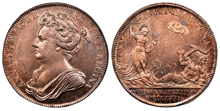 1088180 GREAT BRITAIN. England. Anne. (Queen, 1702-1714). 1702 AE Coronation Medal. NGC MS64RB (Red-Brown).  By J. Croker. ANNA · D · G · MAG · BR FR · ET · HIB · REGINA ·. Diademed and draped bust left / VICEM GERIT · ILLA · TONANTIS ·. Anne (as ...