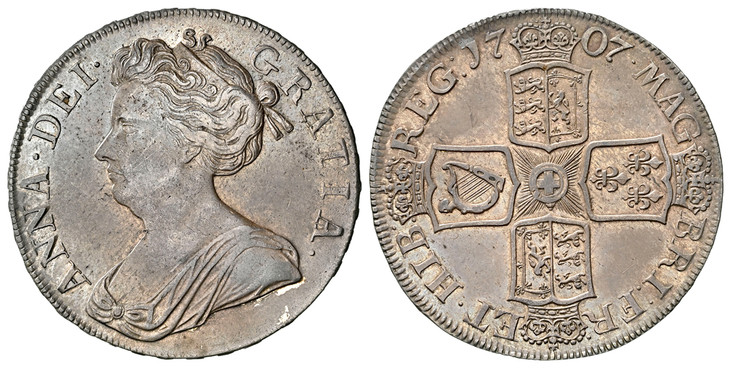 1087910 GREAT BRITAIN. Anne. (Queen, 1702-1714). 1707 AR Crown. NGC AU53.  Edge: SEPTIMO. ANNA · DEI · - GRATIA ·. Without E below bust / MAG - BRI FR - ET · HIB - REG ·. English and Scottish shield halved. KM 526.2; SCBC-3601; ESC-104.

Please us...