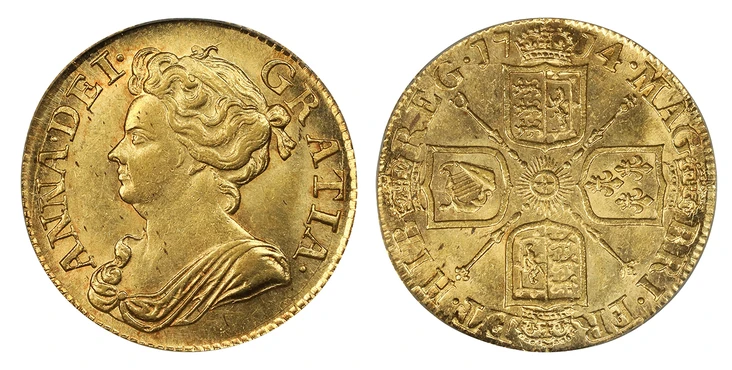1088182 GREAT BRITAIN. Anne. (Queen, 1702-1714). 1714 AV Guinea. PCGS MS62.  ANNA · DEI · - GRATIA ·. Third bust left / MAG - BRI · FR - ET · HIB - REG ·. Crowned shields in cruciform, sceptres at angles. KM 534; SCBC-3574; Fr.-320.
Housed in an o...