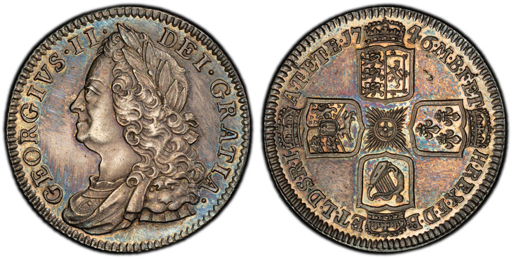 1088186 GREAT BRITAIN. George II. (King, 1727-1760). 1746 AR Shilling. PCGS PR63.  GEORGIVS · II · - DEI · GRATIA ·. Without LIMA below bust / F · D · B · - ET · L · D · S · R · I · - A · T · ET · E · - M · B · F · ET · - H · REX ·. Crowned shield...