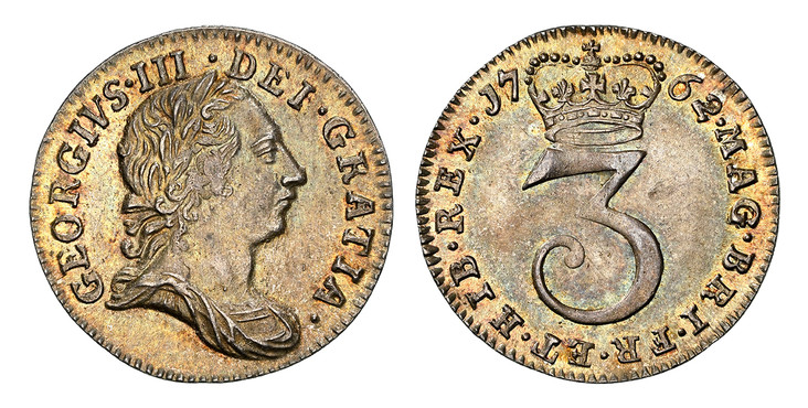 1087678 GREAT BRITAIN. George III. (King, 1760-1820). 1762 AR Threepence. NGC MS65.  GEORGIVS · III · DEI · GRATIA ·. Laureate bust right / MAG · BRI · FR · ET · HIB · REX ·. Crown above value divides date. KM 591; SCBC-3753; ESC-2254.

Please use...