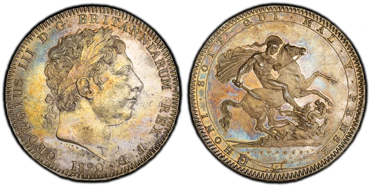 1088191 GREAT BRITAIN. George III. (King, 1760-1820). 1820 AR Crown. PCGS MS65.  Edge: LX. GEORGIUS III D: G: BRITANNIARUM REX F: D:. Laureate head right / HONI SOIT QUI MAL .Y PENSE. St. George slaying dragon right. KM 675; SCBC-3787; ESC-2016 (P...