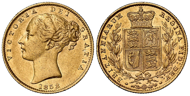 1087933 GREAT BRITAIN. Victoria. (Queen, 1837-1901). 1858 AV Sovereign. NGC AU58.  VICTORIA DEI GRATIA. Head left / BRITANNIARUM REGINA FID: DEF:. Without die number. KM 736.1; SCBC-3852C; Fr.-387; Marsh 41.
Ex Douro Shipwreck Treasure. Includes L...