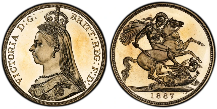 1087528 GREAT BRITAIN. Victoria. (Queen, 1837-1901). 1887 AR Crown. PCGS PR65 Cameo.  38mm. 28.22gm. VICTORIA D:G: BRITT: REGINA: F:D:. Bust left wearing small crown and veil / St. George slaying dragon right. KM 765. Proof; SCBC-3921; Dav.-107.

...